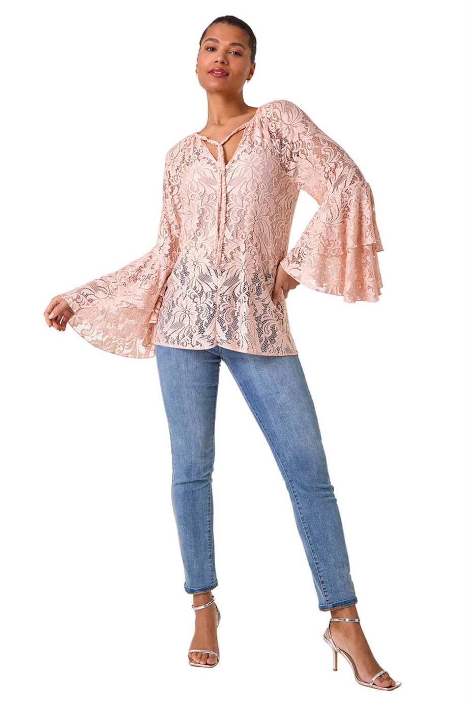 Roman Light Pink Tie Neck Lace Detail Top