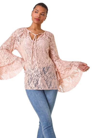 Roman Light Pink Tie Neck Lace Detail Top