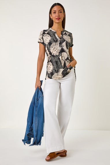 Roman Stone Textured Leaf Print V-Neck Stretch Top