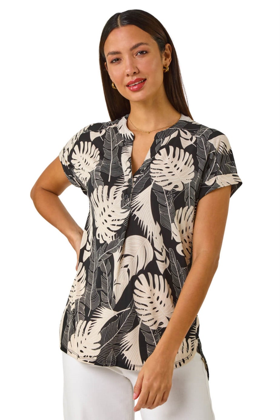 Roman Stone Textured Leaf Print V-Neck Stretch Top