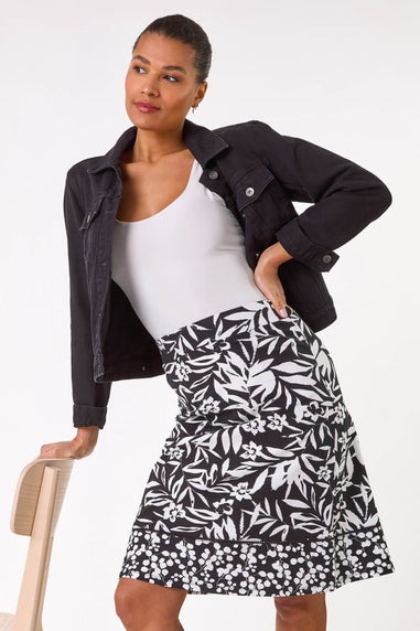Roman Black A-Line Palm Mono Print Skirt