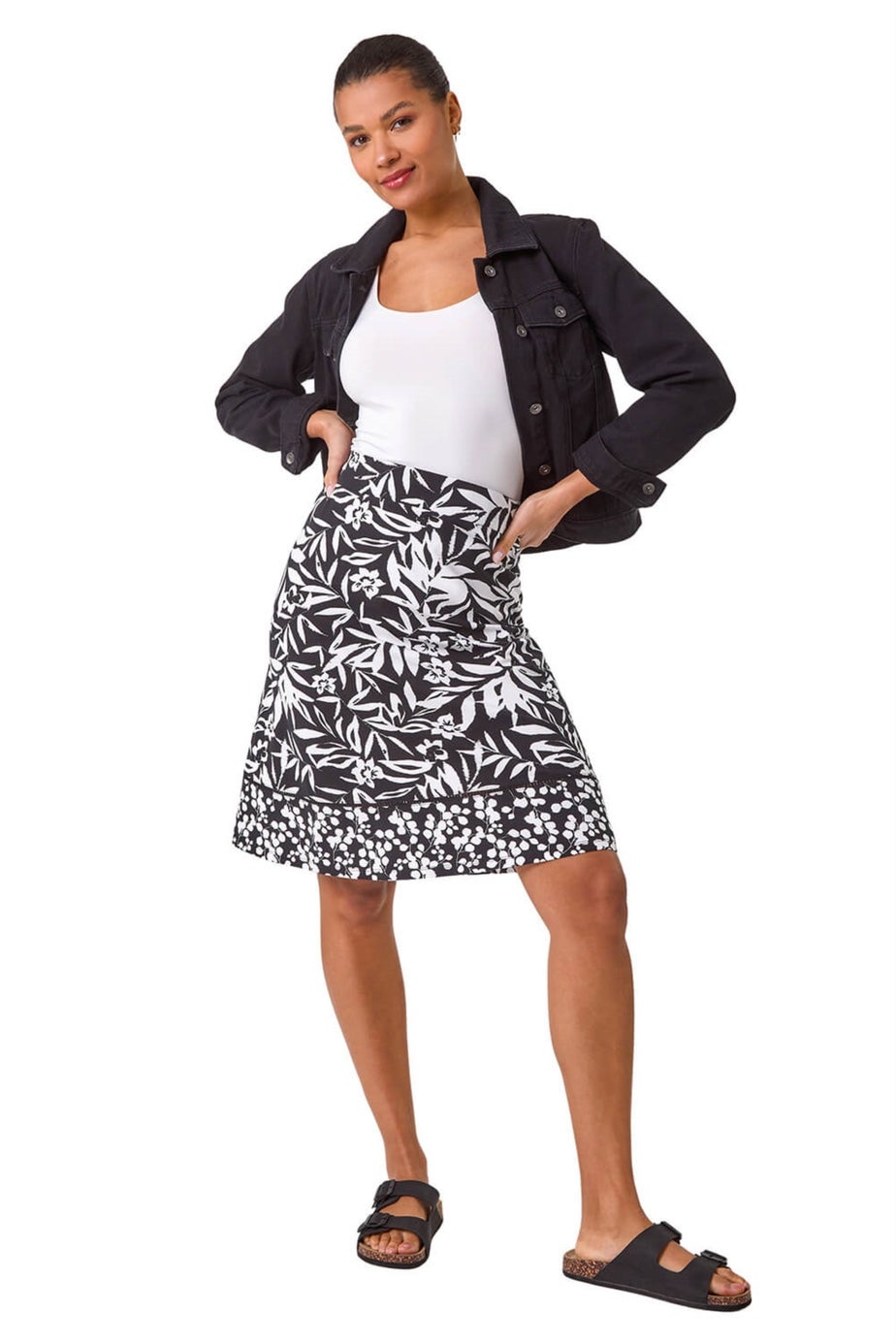Roman Black A-Line Palm Mono Print Skirt
