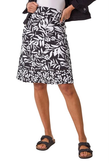 Roman Black A-Line Palm Mono Print Skirt