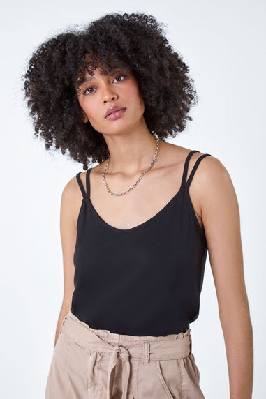 Roman Black Plain Double Strap V-Neck Stretch Vest Top