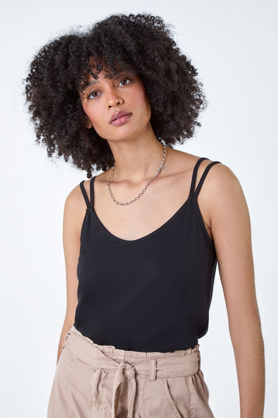 Roman Black Plain Double Strap V-Neck Stretch Vest Top