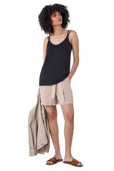 Roman Black Plain Double Strap V-Neck Stretch Vest Top