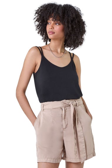 Roman Black Plain Double Strap V-Neck Stretch Vest Top
