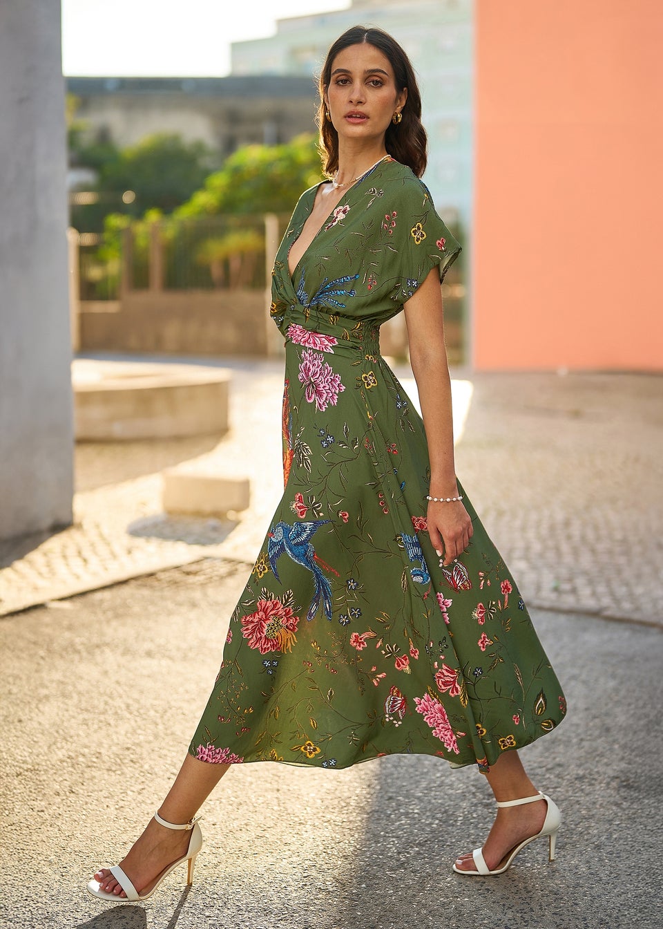 Yumi Green Bird and Floral Print Ruched Waist Kimono Midi Dress