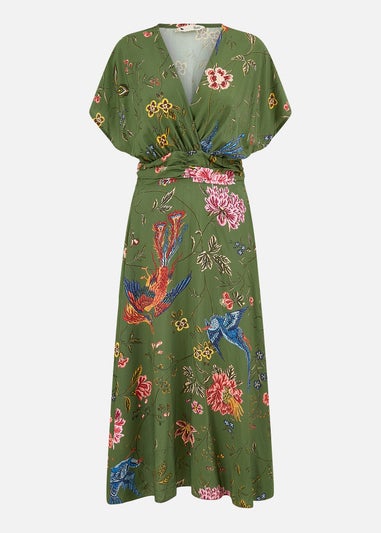 Yumi Green Bird and Floral Print Ruched Waist Kimono Midi Dress