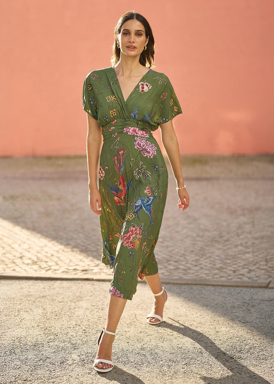 Yumi Green Bird and Floral Print Ruched Waist Kimono Midi Dress