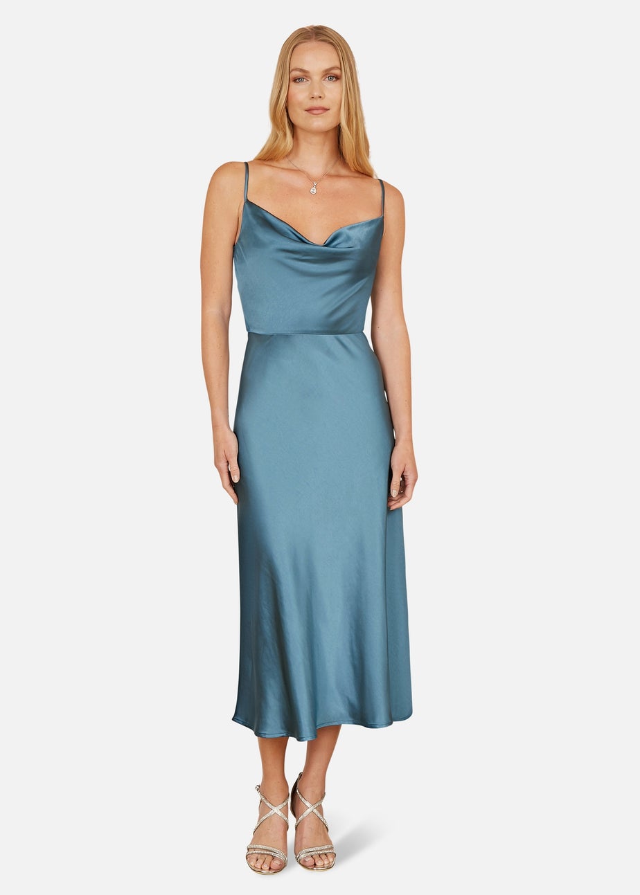 Yumi Blue Satin Cowl Neck Midi Dress