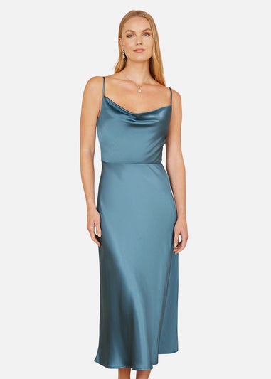Yumi Blue Satin Cowl Neck Midi Dress