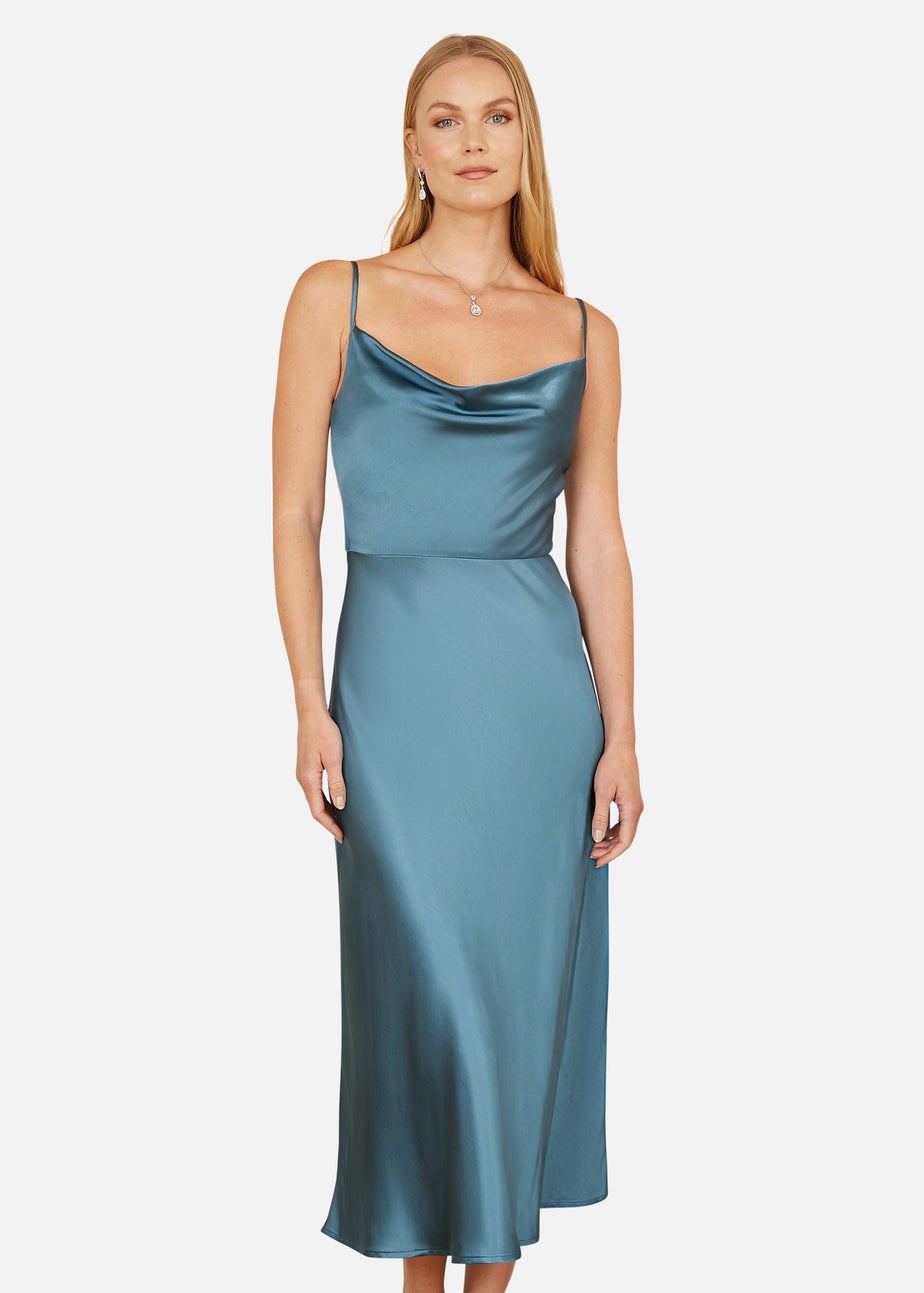 Yumi Blue Satin Cowl Neck Midi Dress