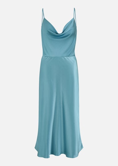 Yumi Blue Satin Cowl Neck Midi Dress