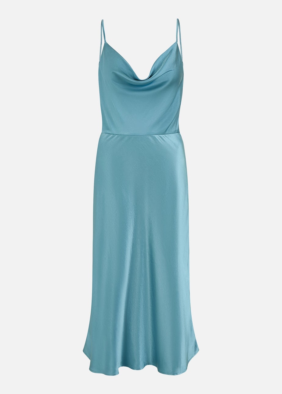 Yumi Blue Satin Cowl Neck Midi Dress