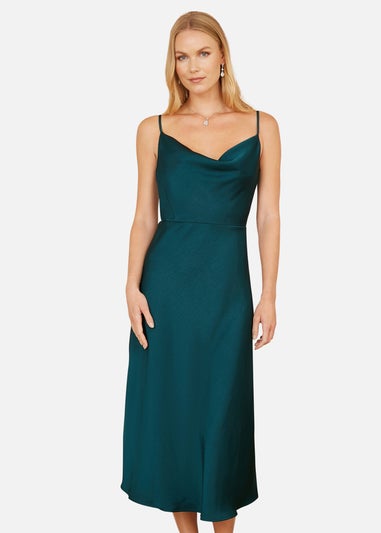 Yumi Green Satin Cowl Neck Midi Dress