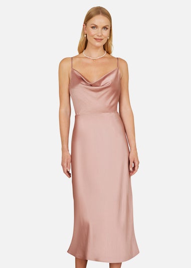 Yumi Rose Pink Satin Cowl Neck Midi Dress