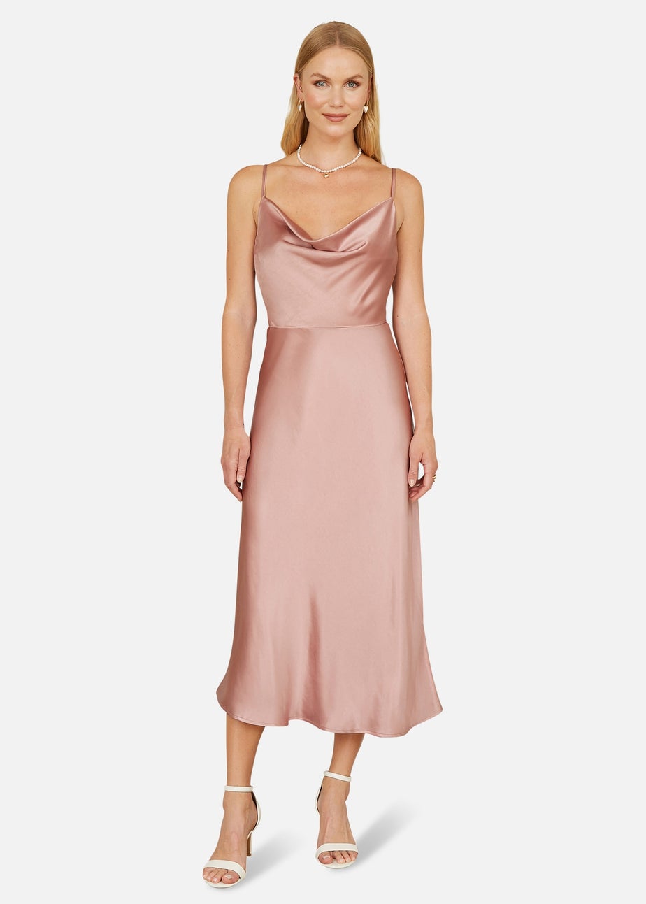 Yumi Rose Pink Satin Cowl Neck Midi Dress