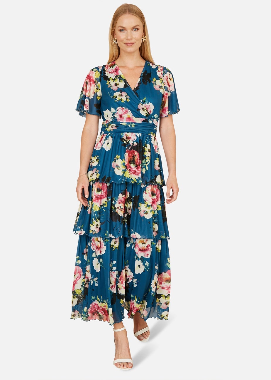 Yumi Teal Green Floral Mesh Tiered Maxi Dress