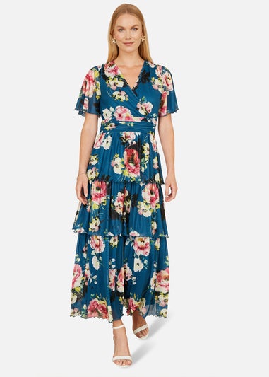 Yumi Teal Green Floral Mesh Tiered Maxi Dress
