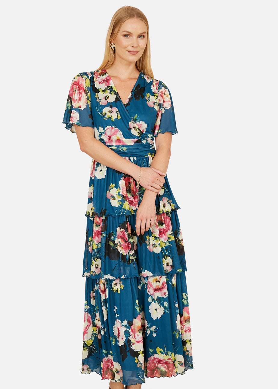 Yumi Teal Green Floral Mesh Tiered Maxi Dress