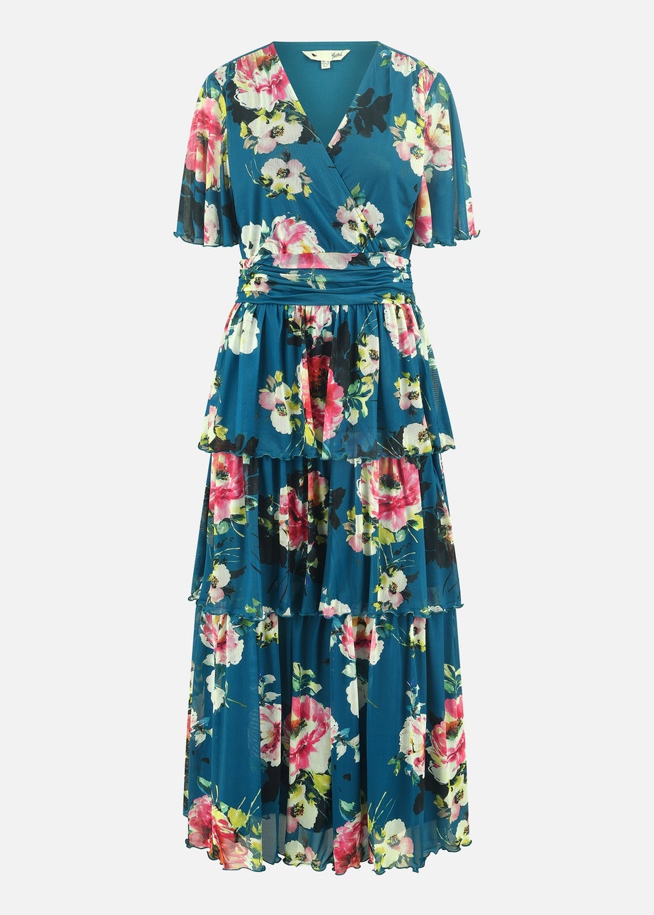 Yumi Teal Green Floral Mesh Tiered Maxi Dress