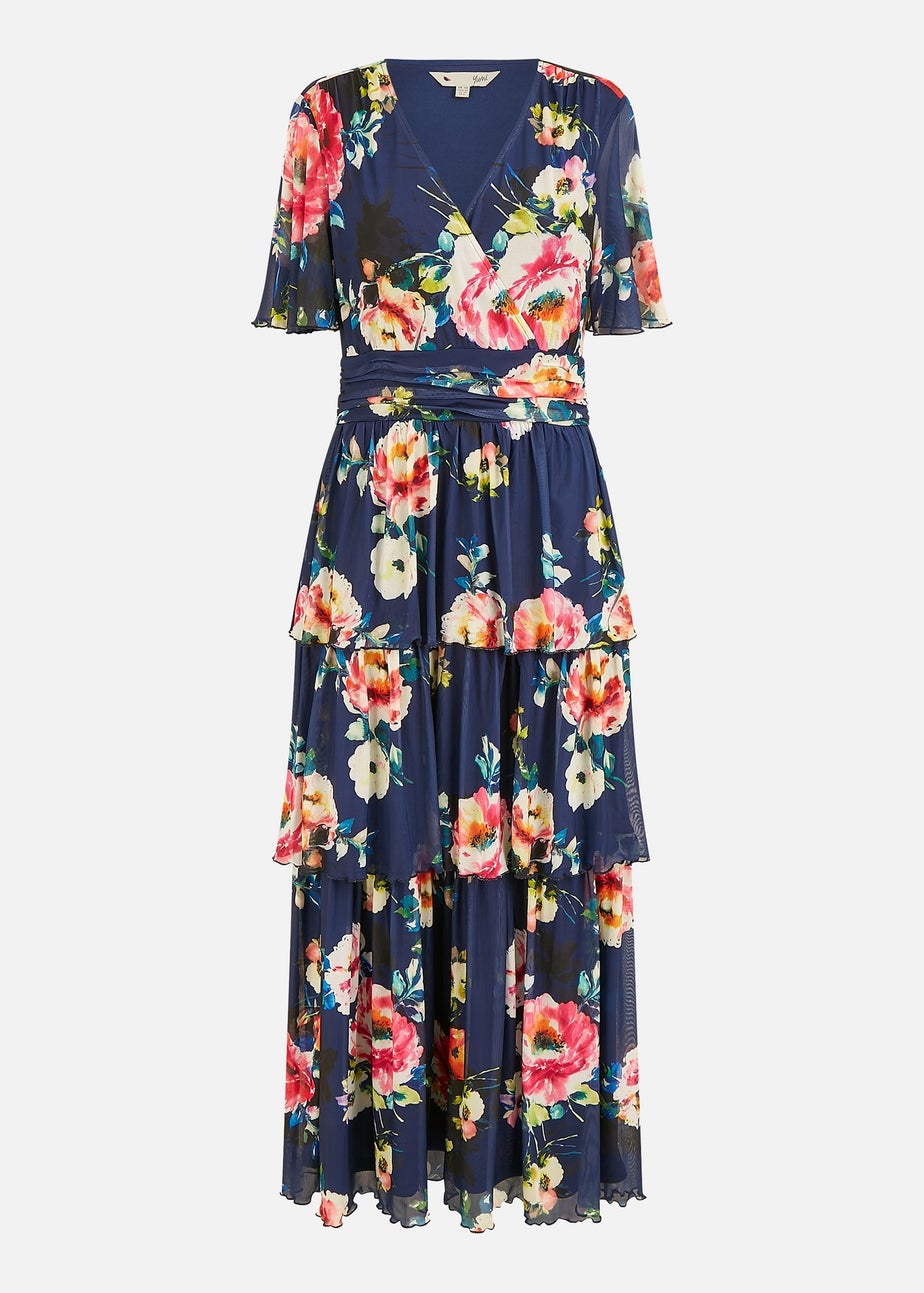 Yumi Navy Floral Mesh Tiered Maxi Dress