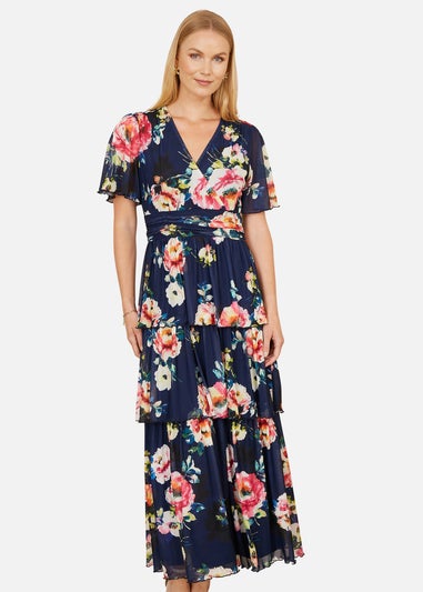Yumi Navy Floral Mesh Tiered Maxi Dress