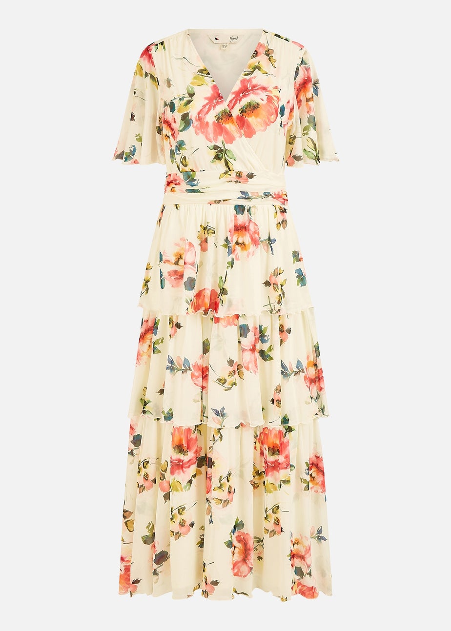 Yumi Ivory Floral Mesh Tiered Maxi Dress