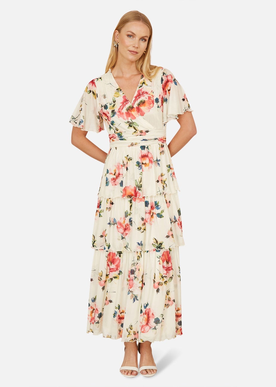 Yumi Ivory Floral Mesh Tiered Maxi Dress