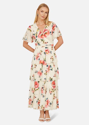 Yumi Ivory Floral Mesh Tiered Maxi Dress