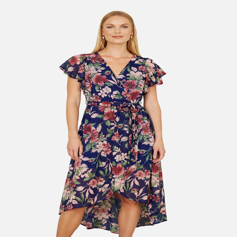 Yumi Blue Floral Wrap Midi Dress With Frill Hem