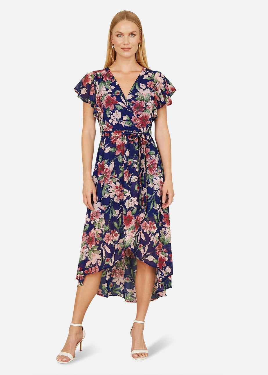 Yumi Blue Floral Wrap Midi Dress With Frill Hem