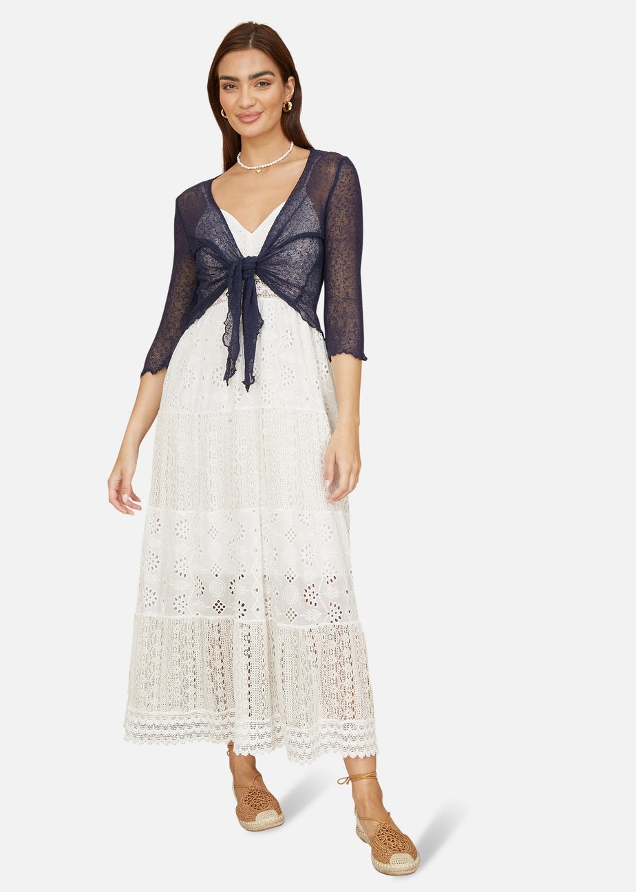 Yumi Navy Popcorn Yarn Tie Front Bolero