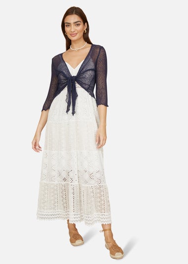 Yumi Navy Popcorn Yarn Tie Front Bolero