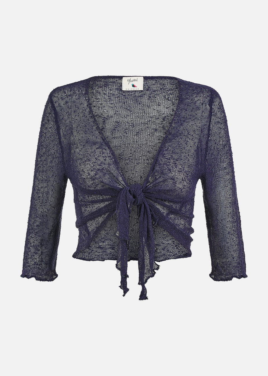 Yumi Navy Popcorn Yarn Tie Front Bolero