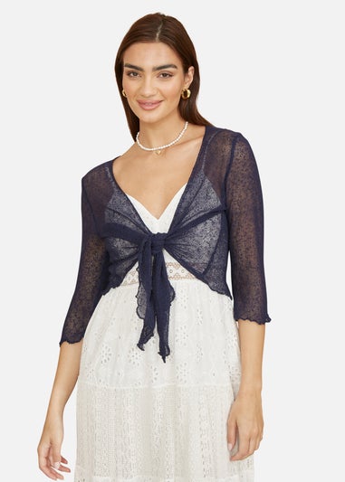 Yumi Navy Popcorn Yarn Tie Front Bolero