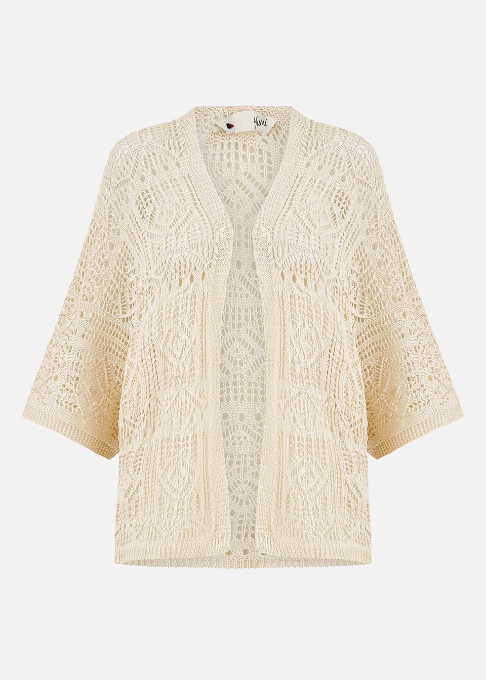 Yumi Beige Crochet Edge To Edge 3/4 Sleeve Cardigan
