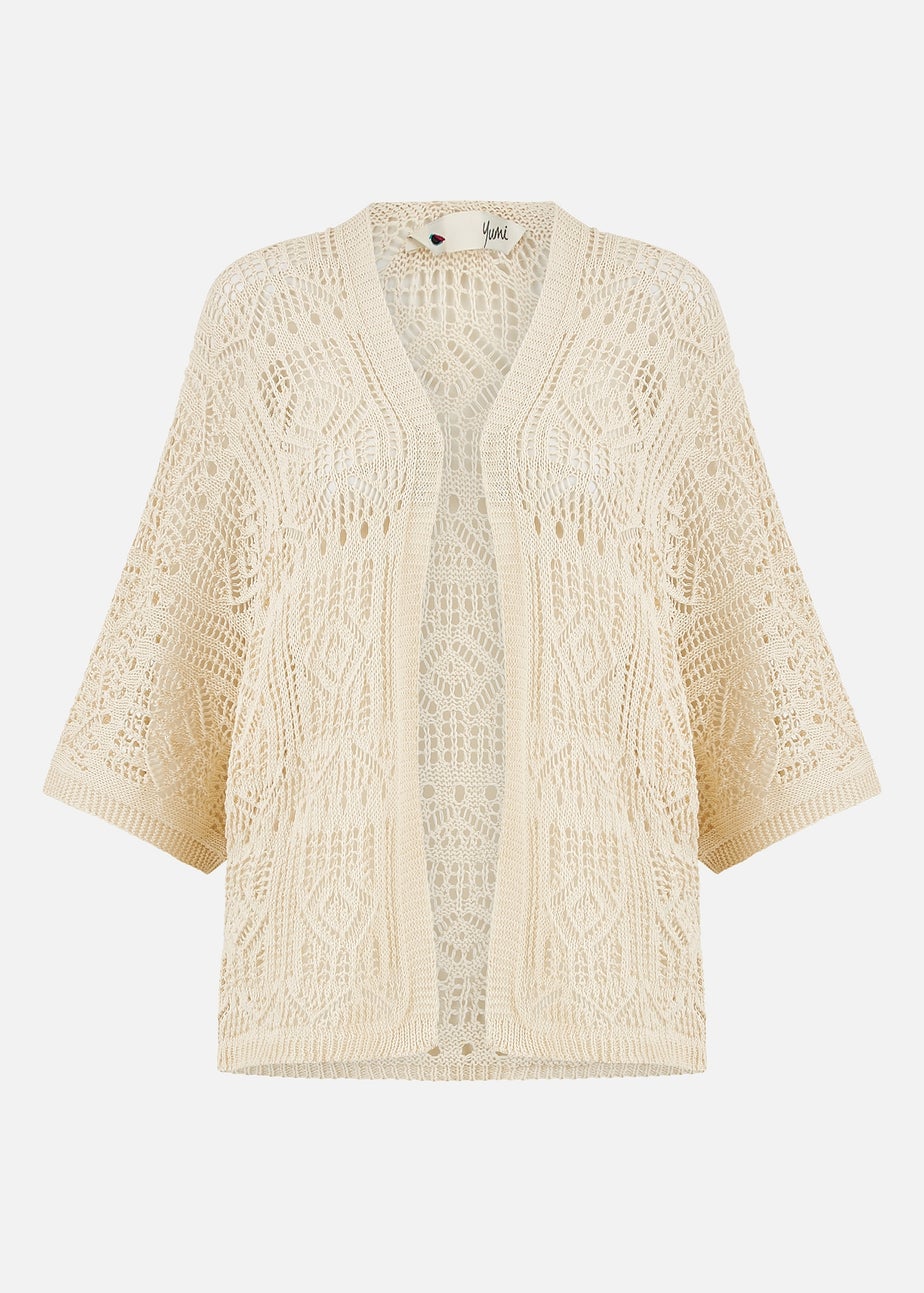 Yumi Beige Crochet Edge To Edge 3/4 Sleeve Cardigan