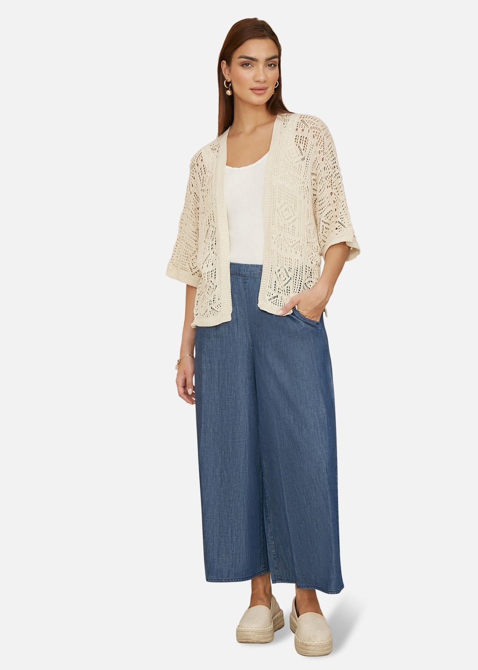 Yumi Beige Crochet Edge To Edge 3/4 Sleeve Cardigan