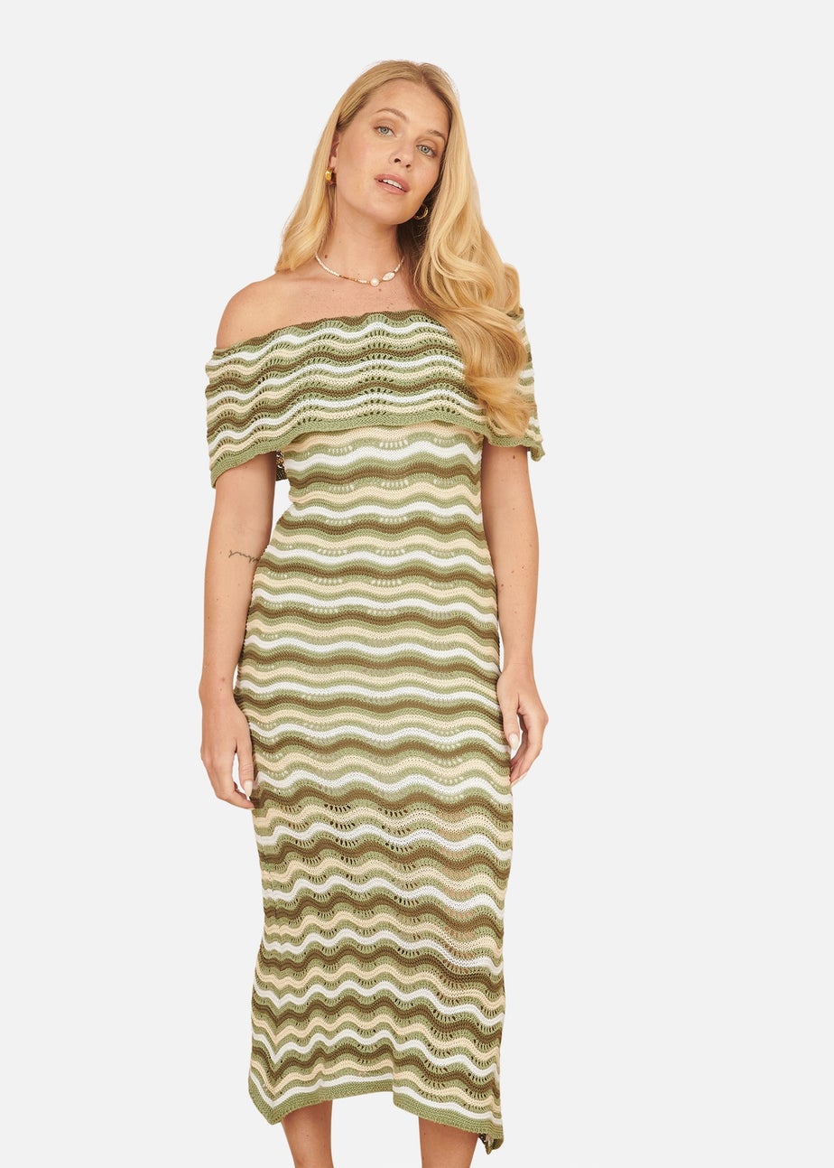 Yumi Green Stripe Crochet Knit Bardot Midi Dress