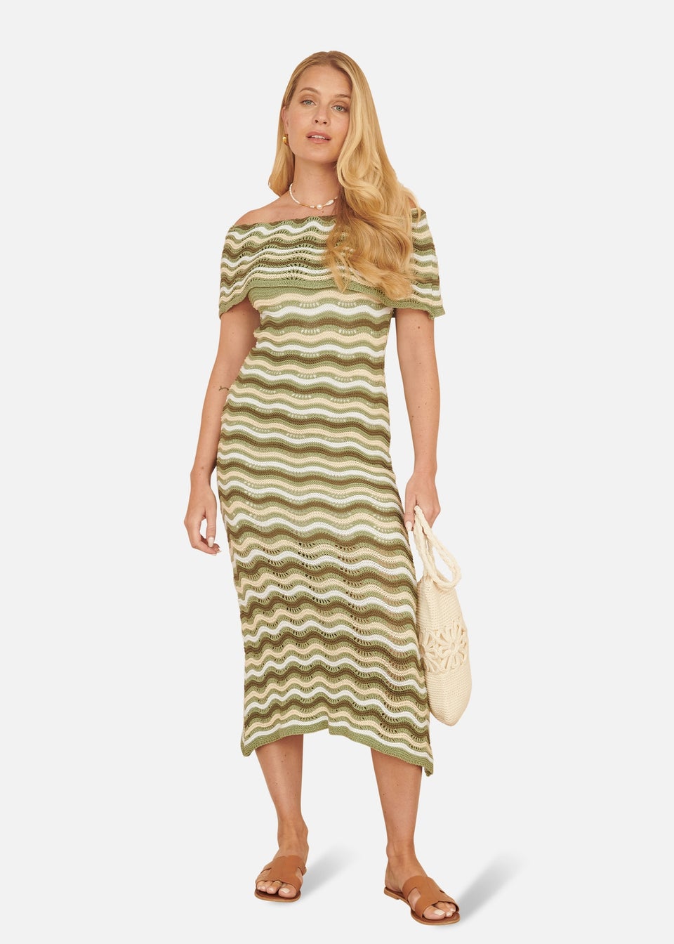 Yumi Green Stripe Crochet Knit Bardot Midi Dress