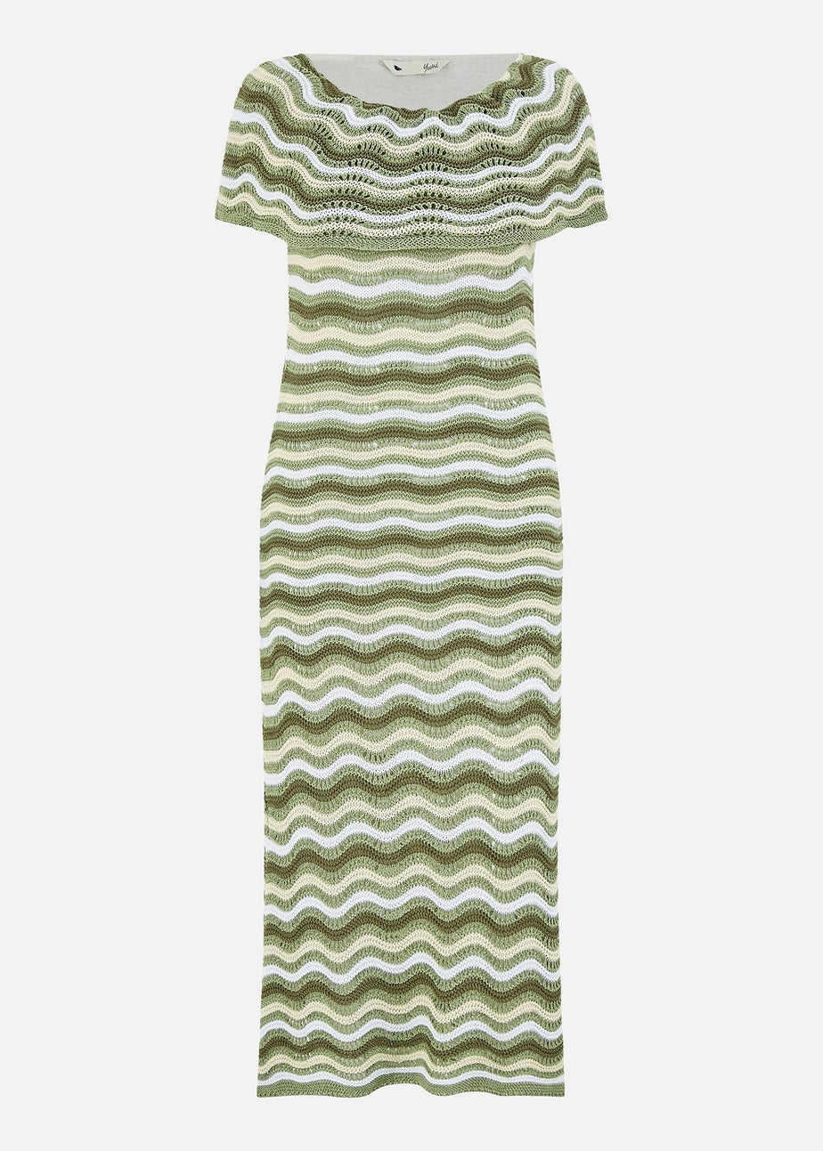 Yumi Green Stripe Crochet Knit Bardot Midi Dress
