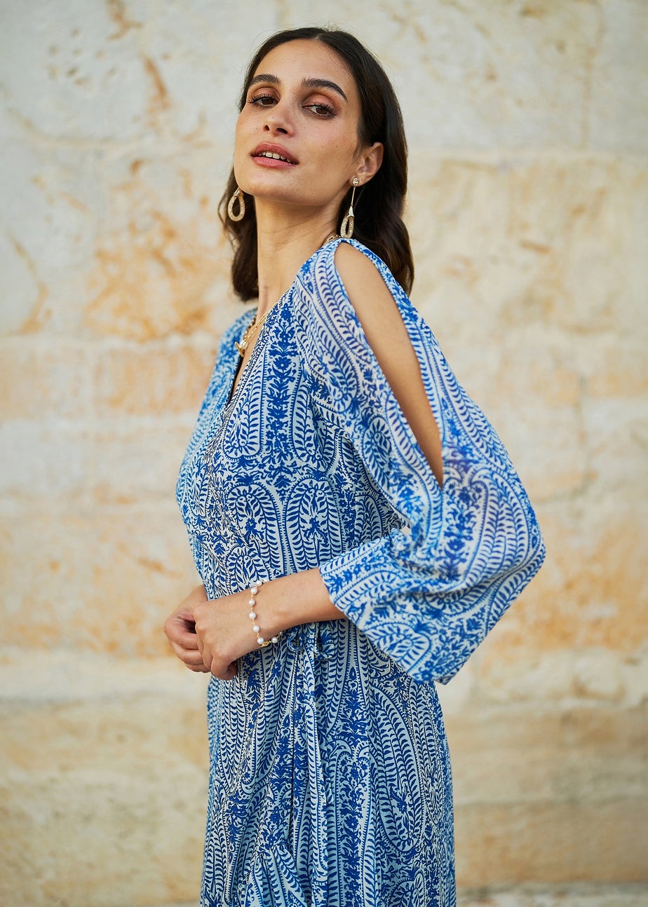 Yumi Blue Paisley Dipped Hemline Midi Dress With Open Long Sleeves