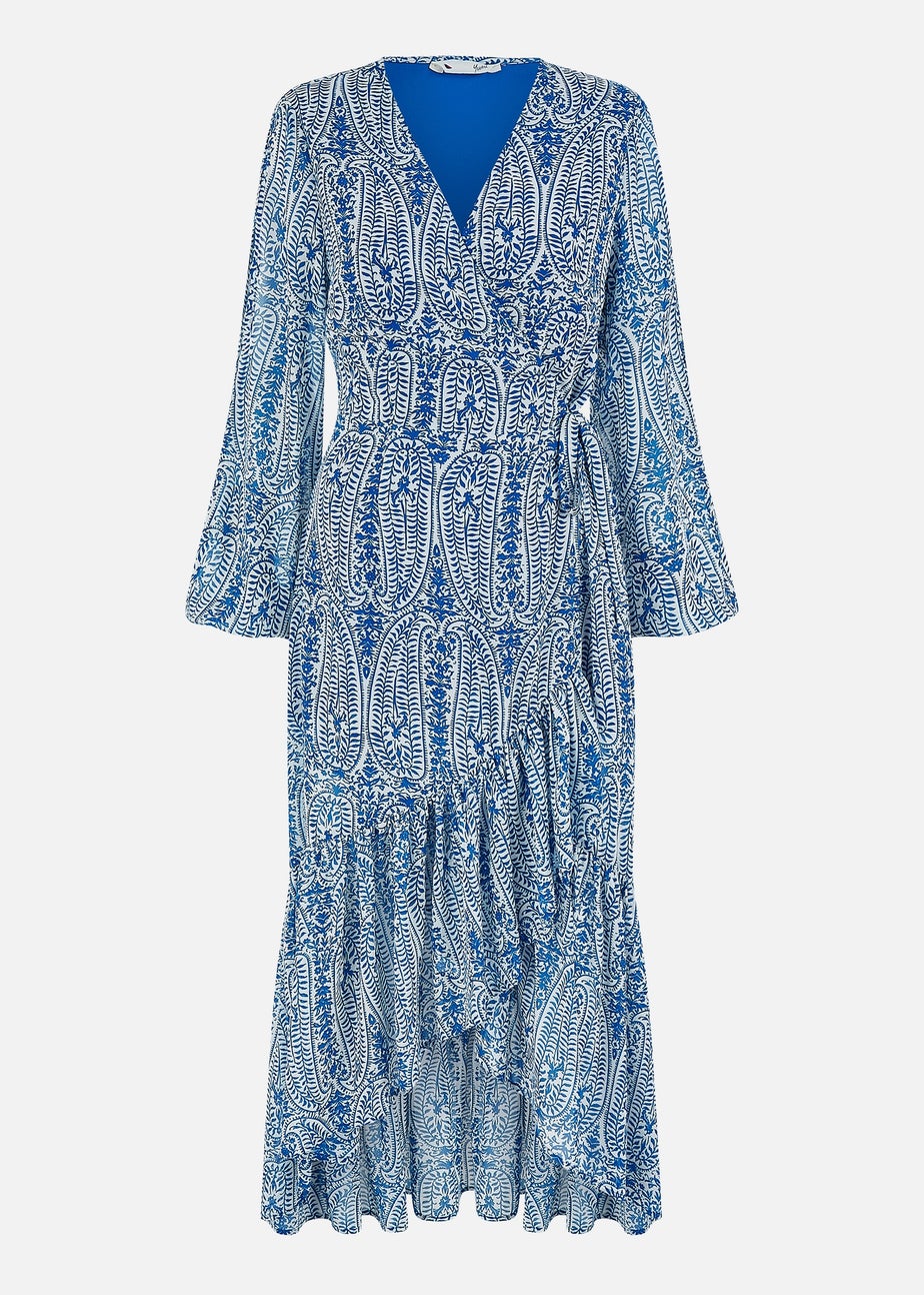 Yumi Blue Paisley Dipped Hemline Midi Dress With Open Long Sleeves