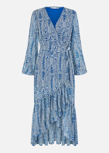 Yumi Blue Paisley Dipped Hemline Midi Dress With Open Long Sleeves