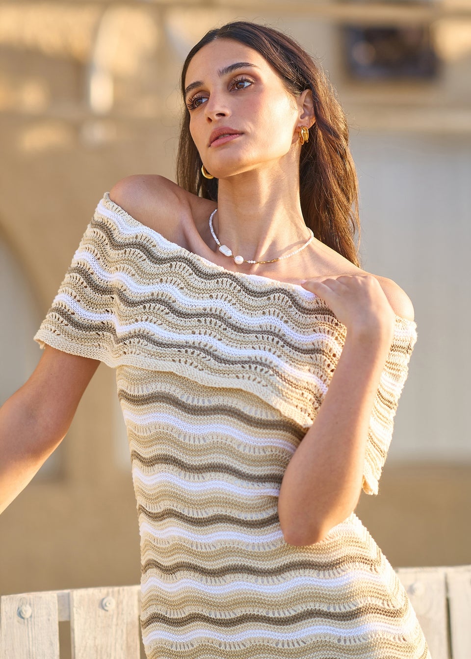 Yumi Beige Stripe Crochet Knit Bardot Midi Dress