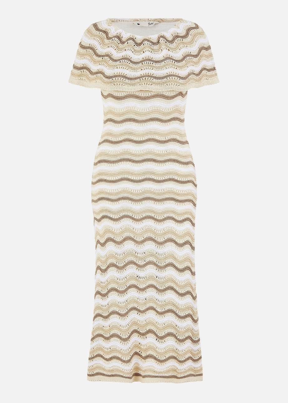 Yumi Beige Stripe Crochet Knit Bardot Midi Dress