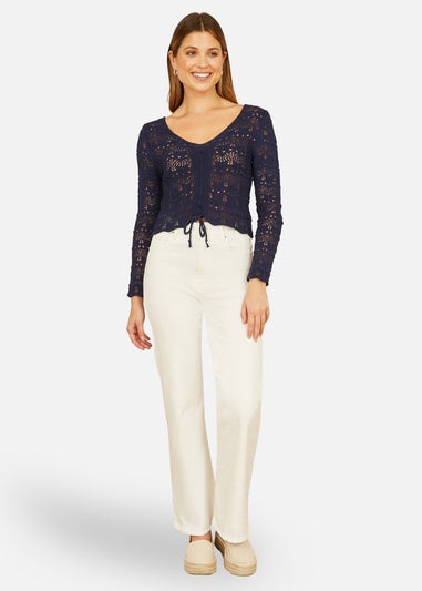 Yumi Navy Crochet Top With Front Ruching