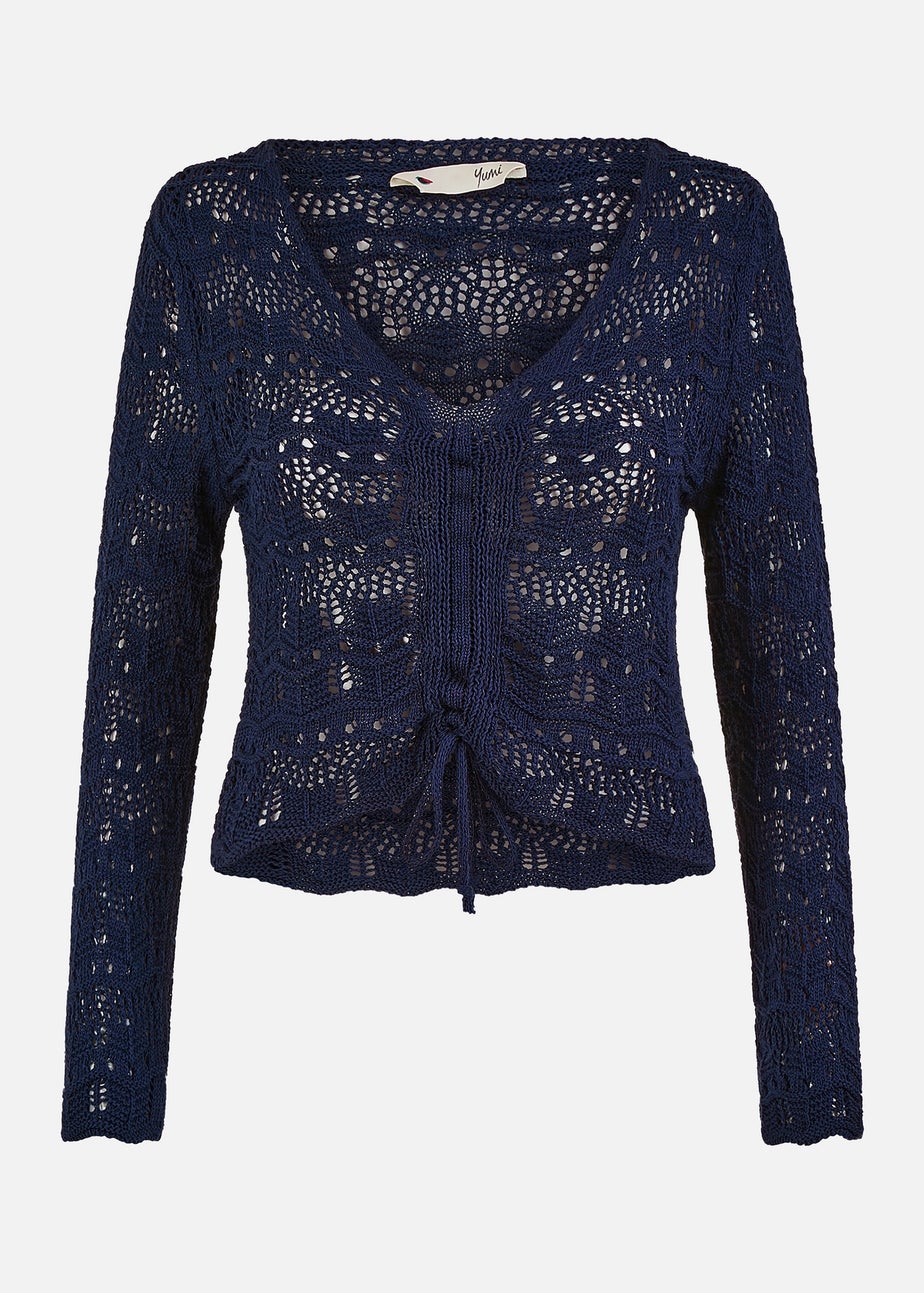 Yumi Navy Crochet Top With Front Ruching